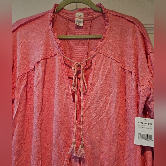 Free People Just A Henley Linen Blend Oversized V Neck High Low Hem Pink XS NWT - Picture 6 of 16